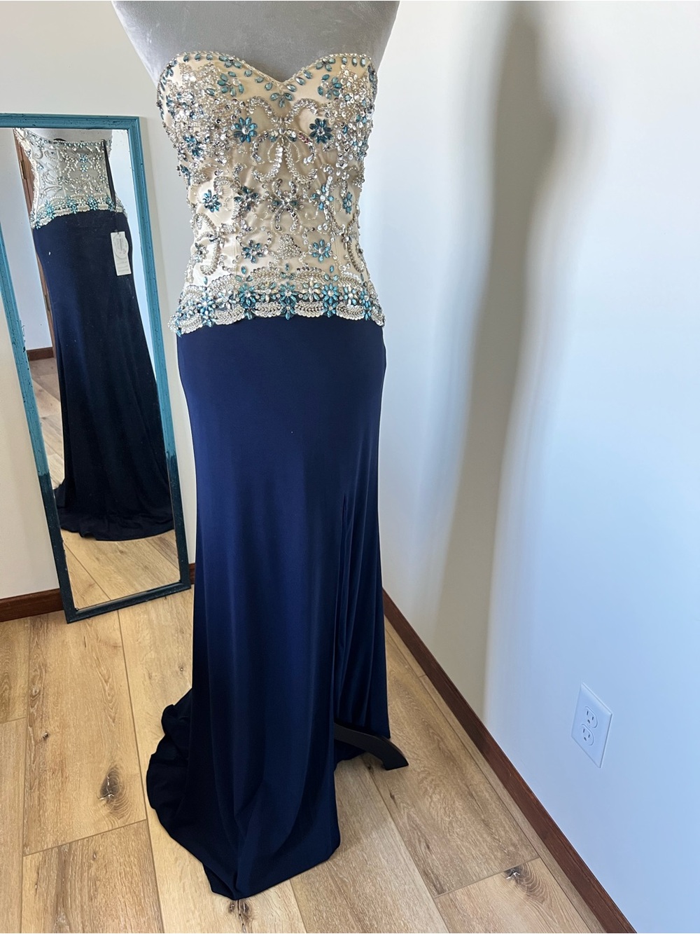 Strapless Navy and Ivory Beaded Evening Gown - Milano Prom/Party Dress